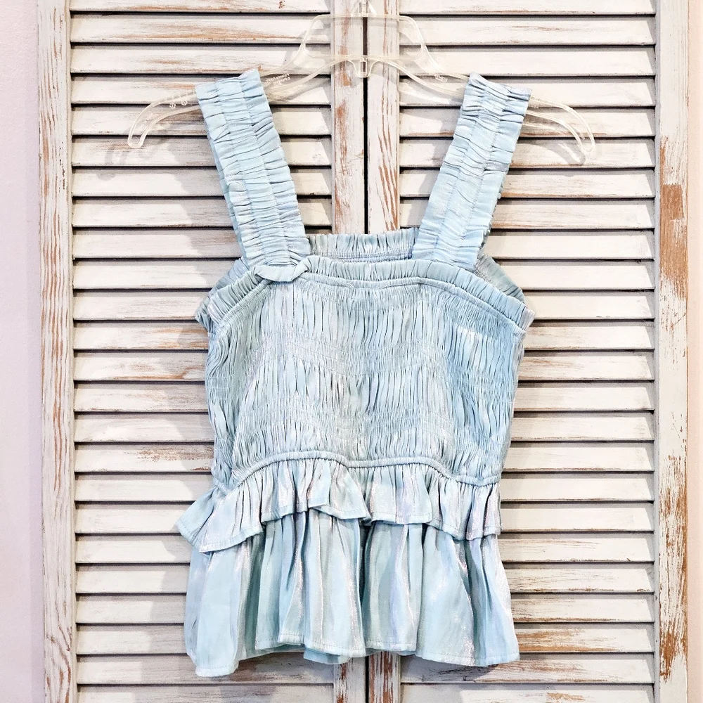 umgee Womens M Pastel Blue Dreamy Coquette Lolita Shimmery Smocked Halter Top - Picture 5 of 7